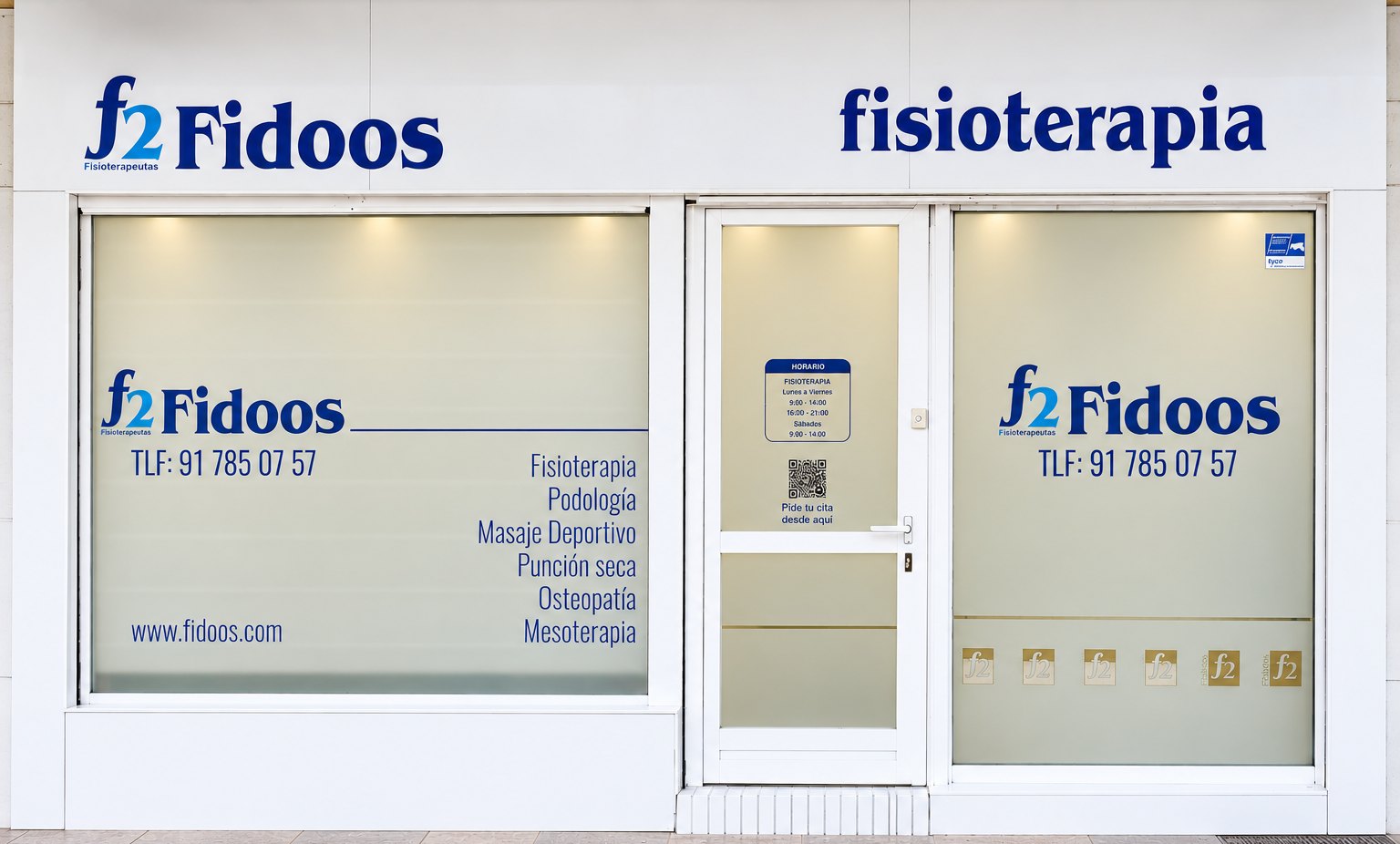 Fachada de la Clínica Fidoos, fisioterapia y podología en Puente de Vallecas, Madrid